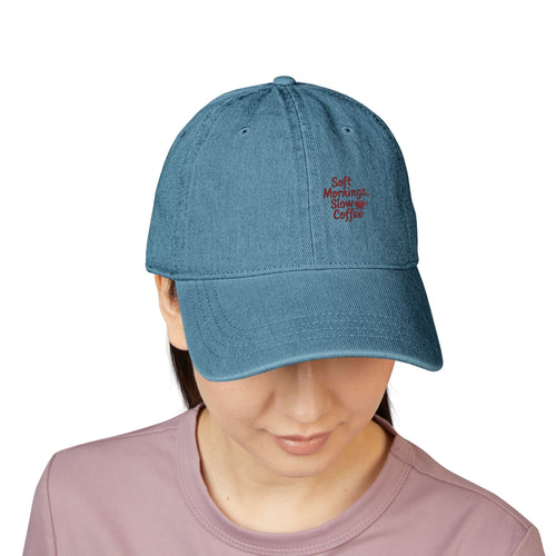 Soft Mornings Embroidered Denim Hat | Relaxed Style, Casual Accessory, Ideal Gift for Coffee Lovers, Everyday Wear, Unisex Adjustable Cap
